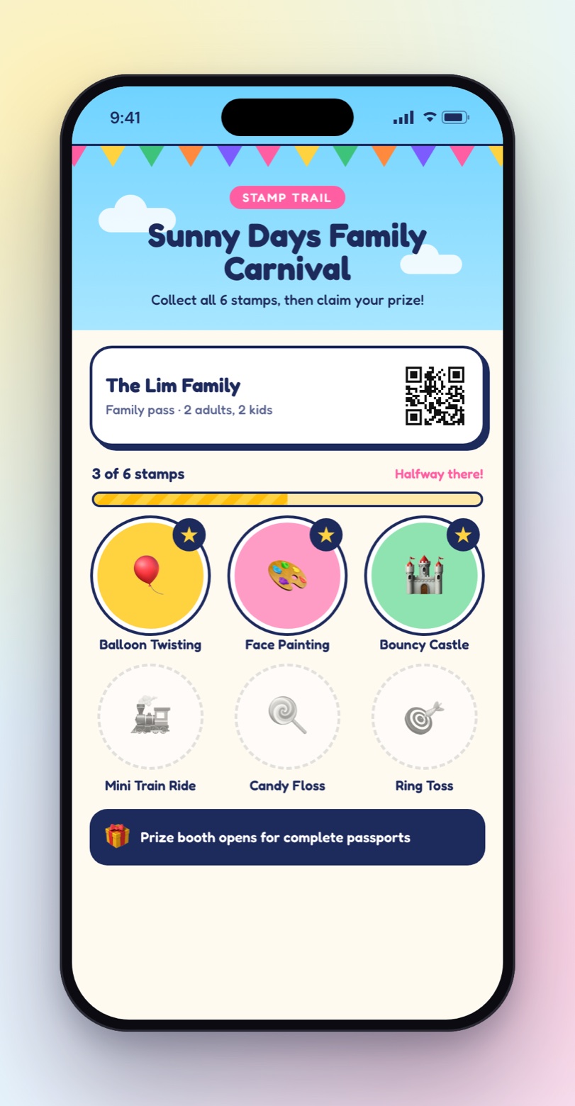 Family carnival stamp trail passport with bunting header, family pass and six activity stamps