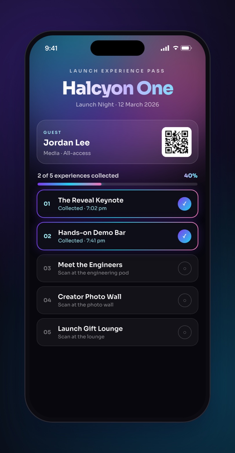 Product launch experience pass: dark iridescent design with guest pass, QR code and five launch experiences