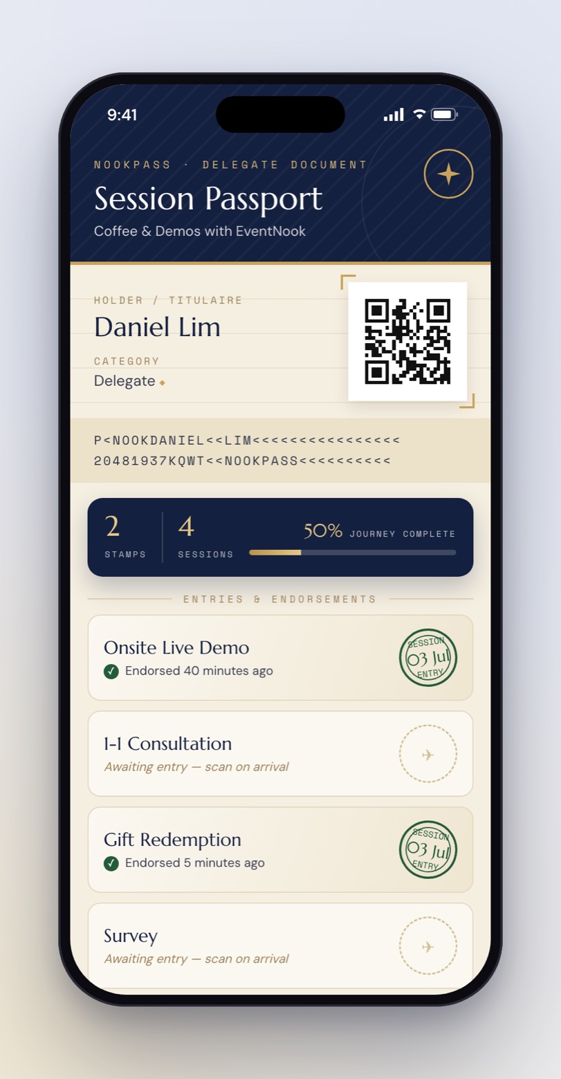 Session passport styled as a travel document: navy and gold header, holder details, machine-readable zone and green session entry stamps