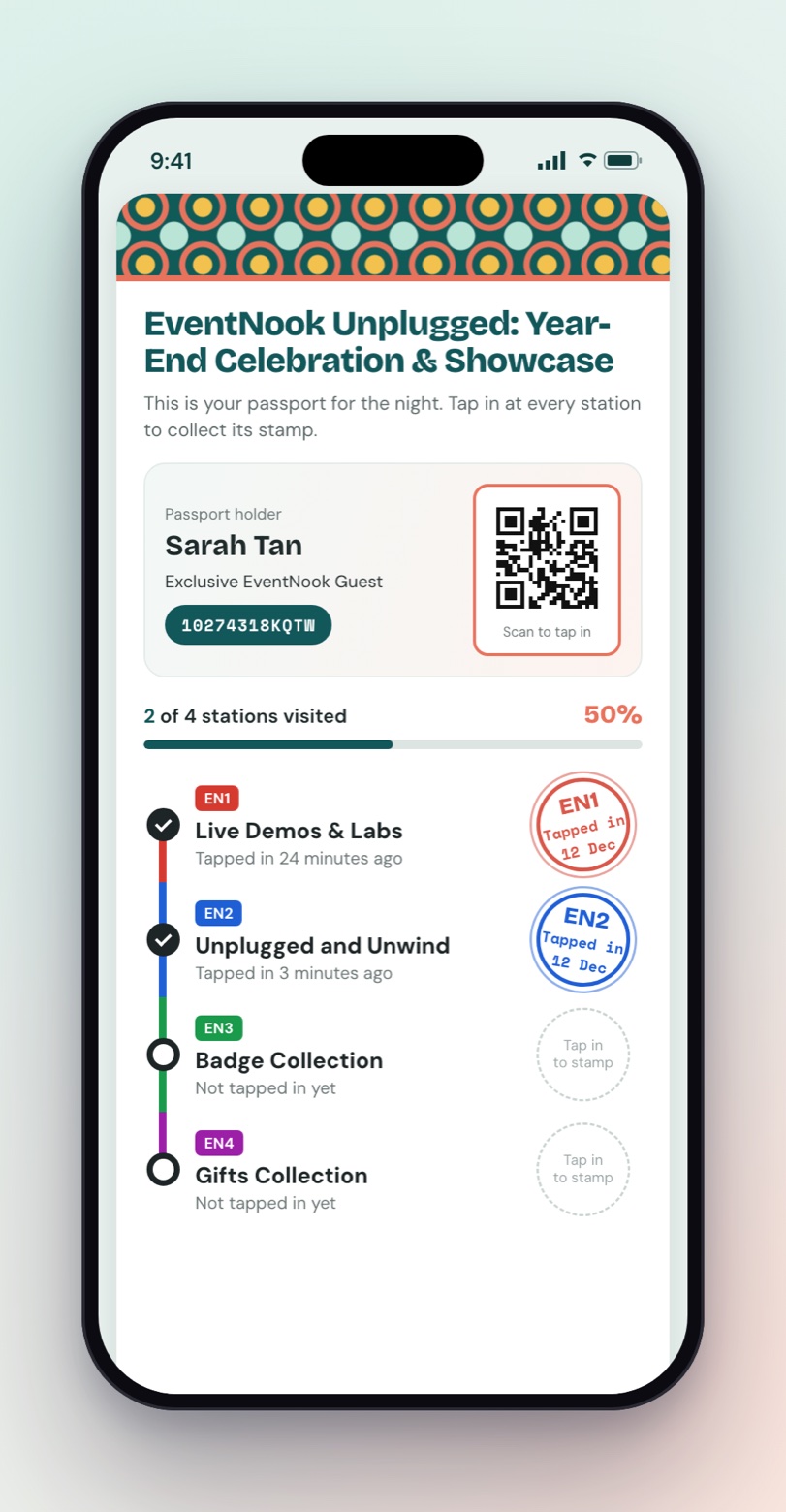 Digital passport for a year-end celebration: four coloured stations on a metro-line route, a passport holder card with QR code and red and blue tap-in stamps